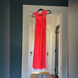 Vintage nightgown - vibrant coral semi-sheer with embellishments
